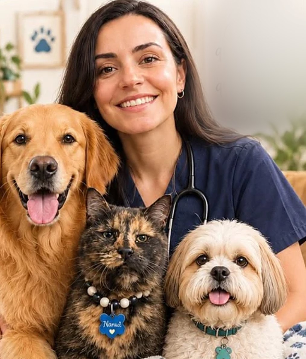 La Dra. Delia Garcés sonriendo junto a un golden retriever, un gato carey y un perrito shih tzu